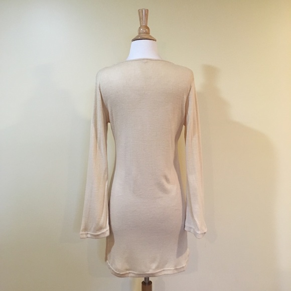 Lace Up V Neck Bell Sleeve Knit Sweater Dress Sand Beige - Picture 3 of 4